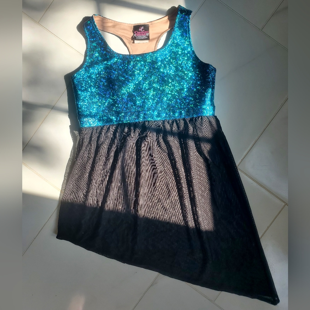 Blue Holographic Crackle and Black Mesh Halter Top CC Dancewear Cheerleading.com